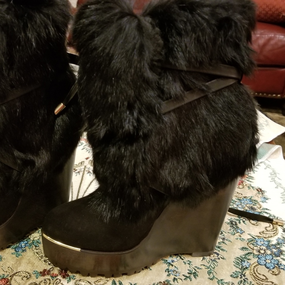 Rachel Zoe Rabbit Fur and Leather Wedge Bootie